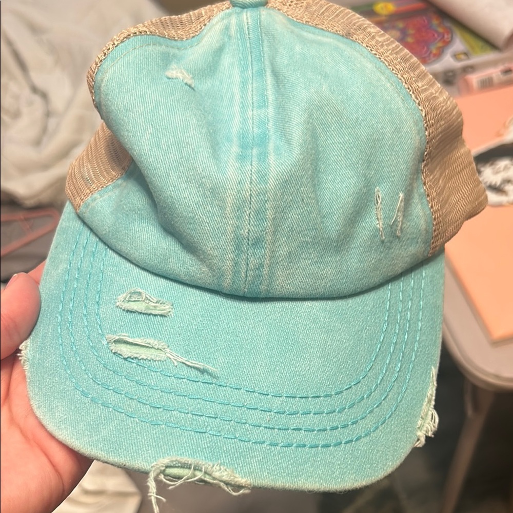 Distressed Aqua and Tan women’s hat